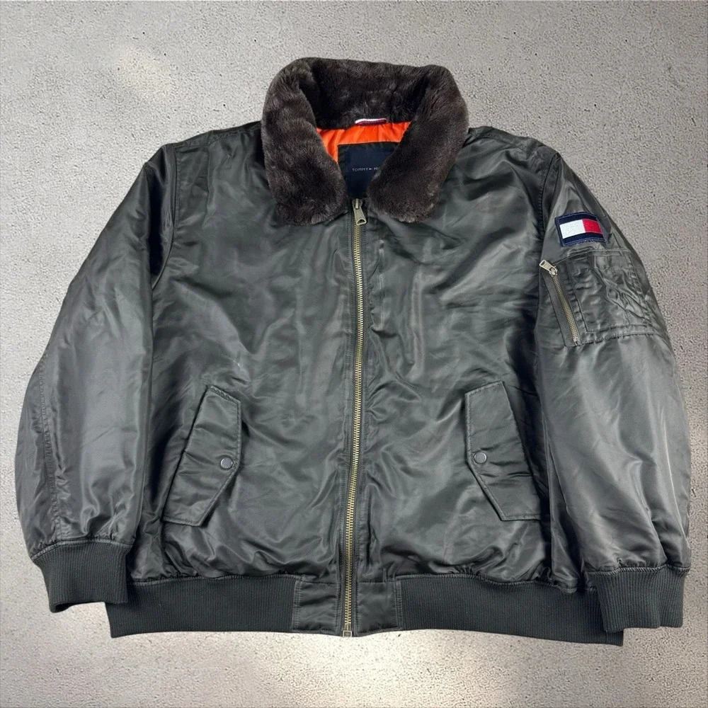 $275 TOMMY HILFIGER Military Bomber Jacket Men's 4XL Faux Fur Collar Flight EUC